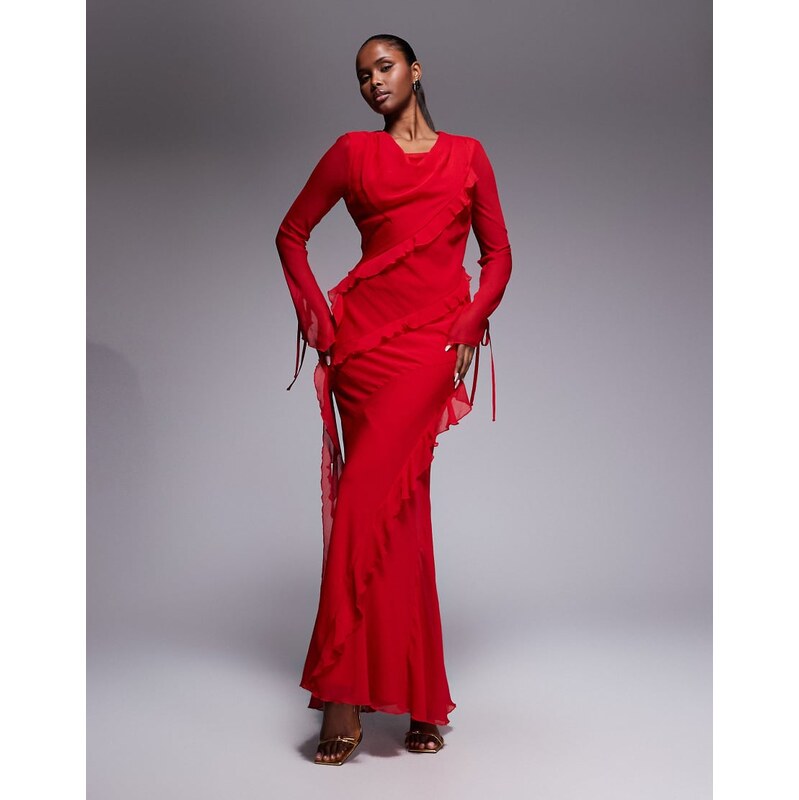 Daska chiffon high cowl neck frill detail maxi dress in red 115519540