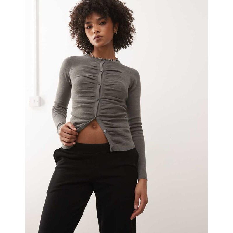 Weekday slim fit knitted cardigan with ruched detail in grey