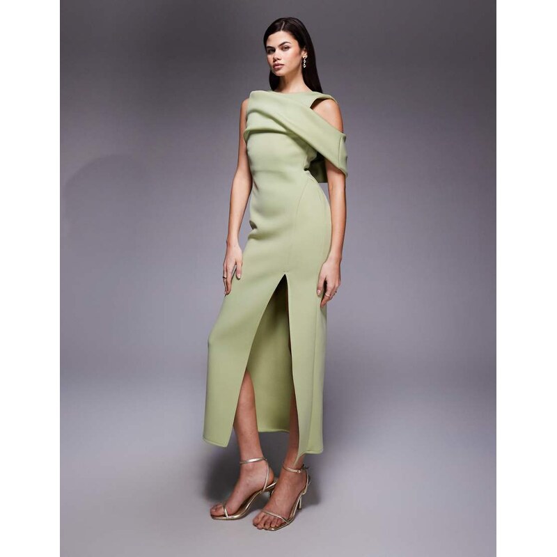 ASOS DESIGN drape cut out shoulder pencil dress in sage green