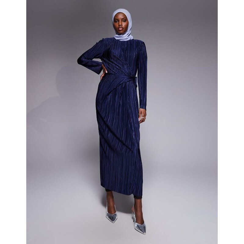 ASOS DESIGN plisse long sleeve wrap tie waist maxi dress in navy