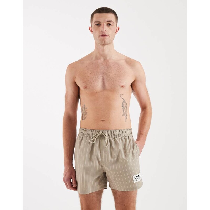 ASOS DESIGN swim shorts in short length in beige stripe with