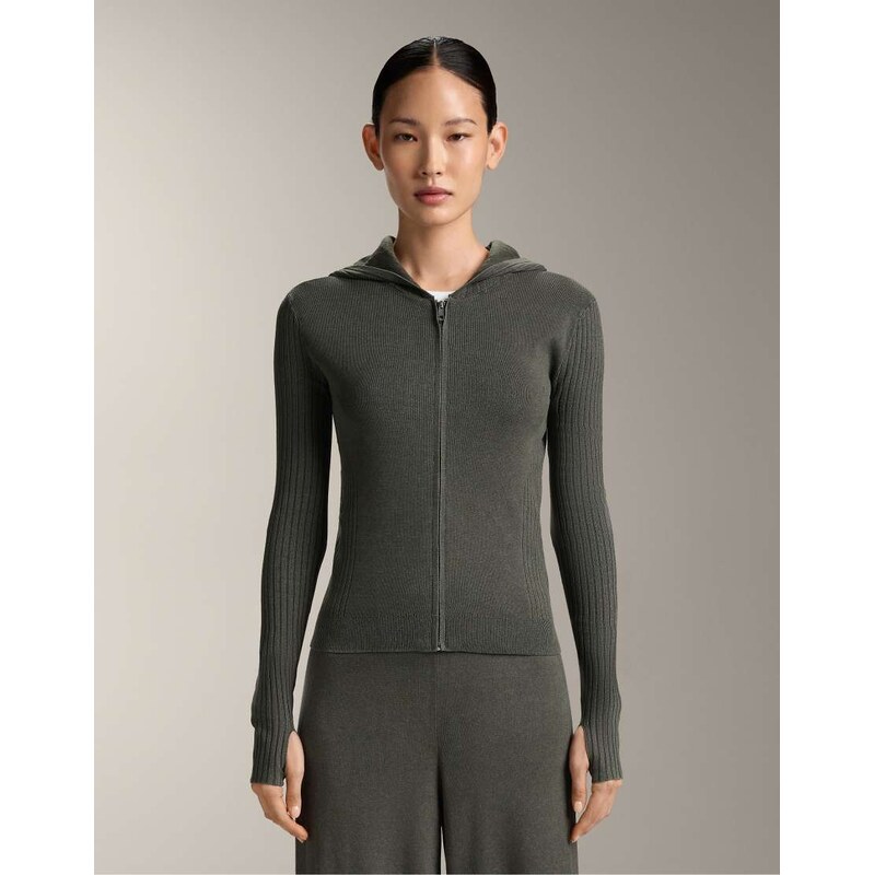 OYSHO Slim fit knit jacket with hood in military green 112794090