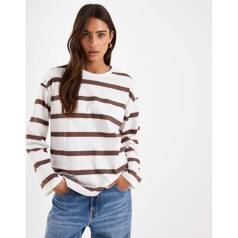 Pieces oversized rugby stripe long sleeve t-shirt in chocolate