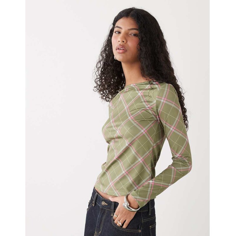 Reclaimed Vintage slash neck top in pink and olive check print