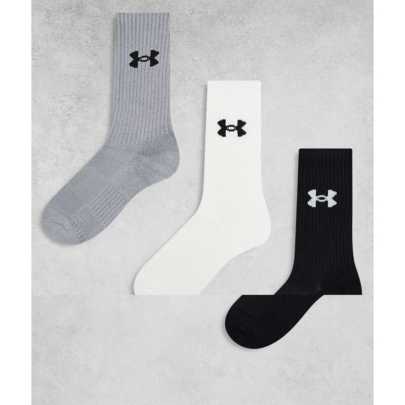 Under Armour Performance 3 pack crew socks in white, steel and