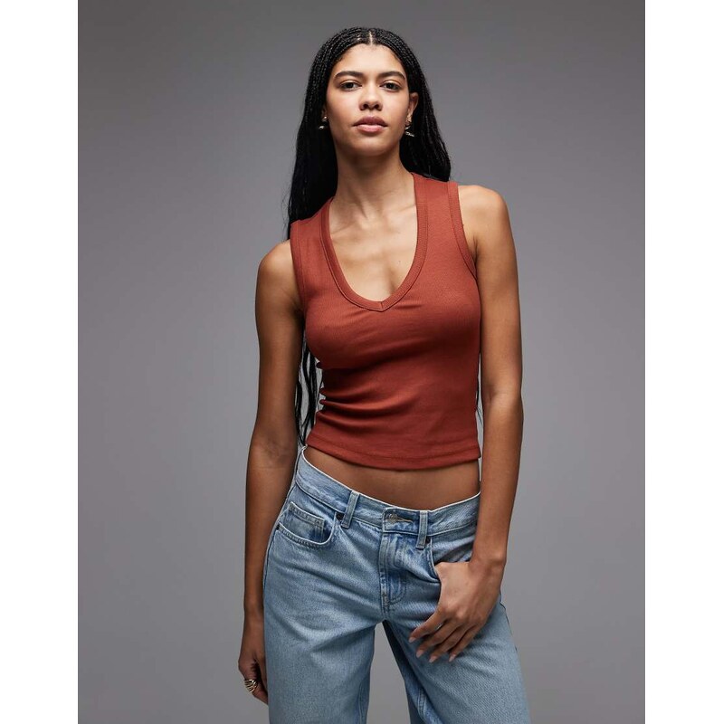 ASOS DESIGN ribbed v neck vest in rust-Orange