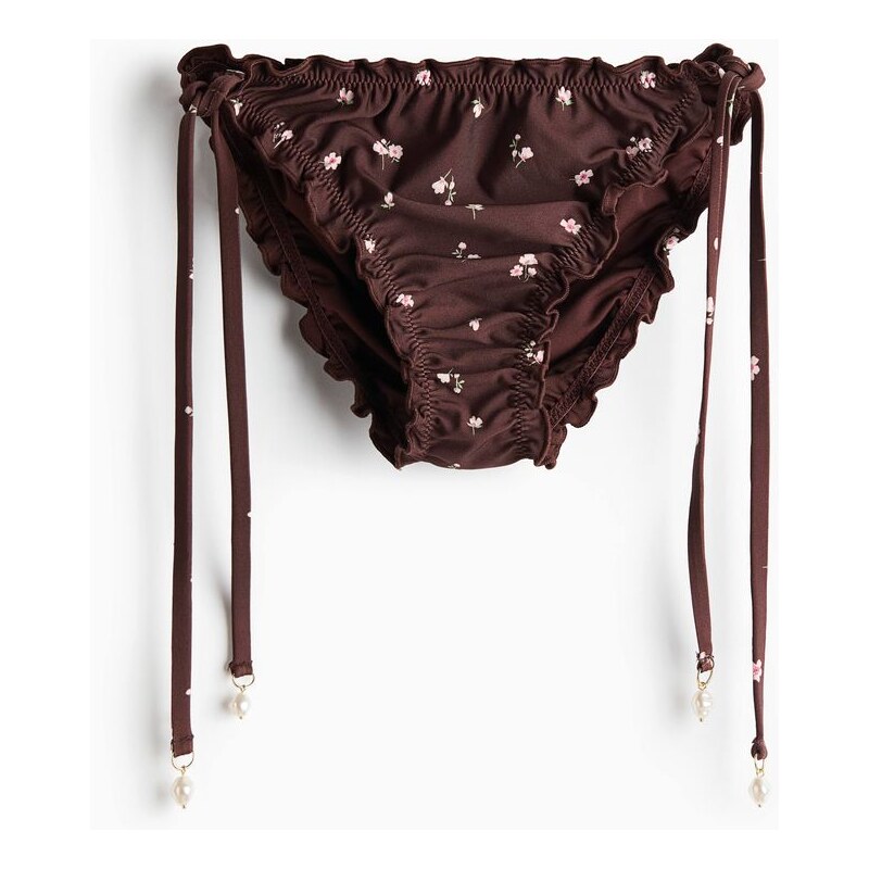H&M - Zavazovací bikinové kalhotky tanga - Tmavě Hnědá/Květy