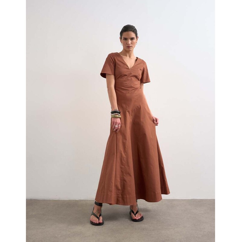 Topshop v neck heavy seamed midi dress in rust-Brown