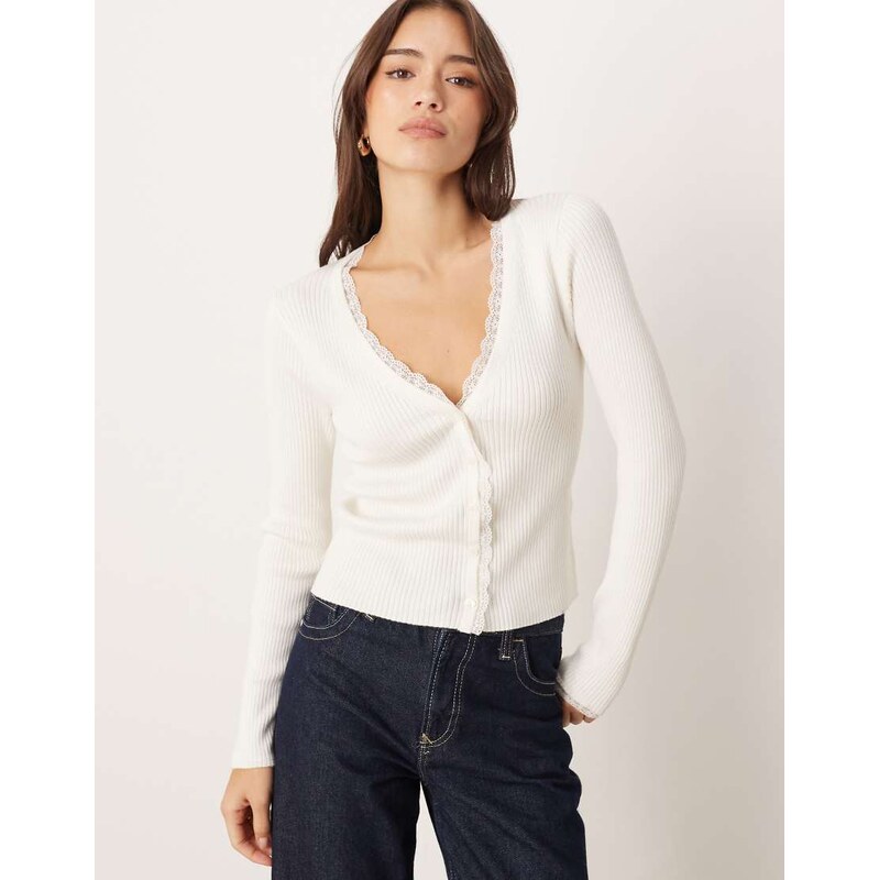 Abercrombie & Fitch lace panel detail ribbed cardigan in cream-Neutral 112795150