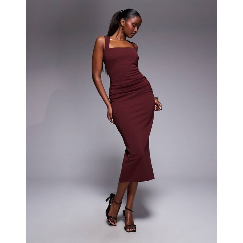 ASOS DESIGN square neck ruched waist midi dress in wine-Brown