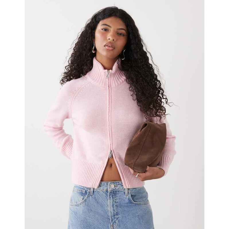 COLLUSION funnel neck zip through raglan cardigan in pink