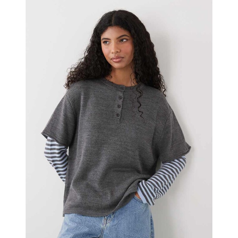 COLLUSION 2 in 1 oversized henley knitted jumper with stripe sleeve in 113263928