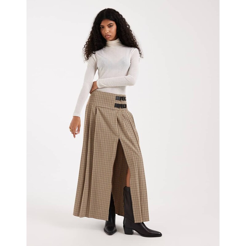ASOS DESIGN pleated maxi skirt in micro check-Multi