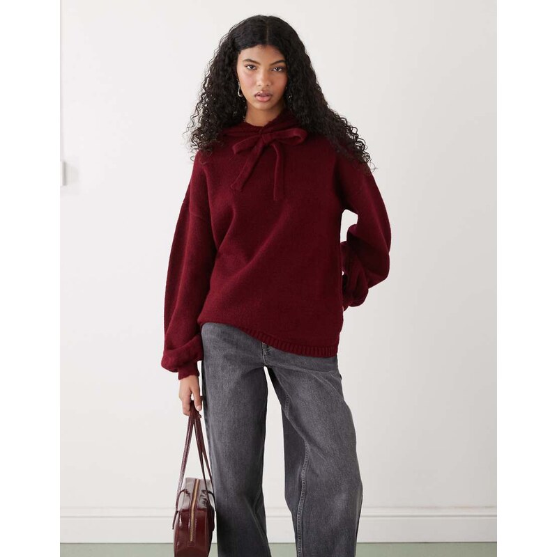 Reclaimed Vintage oversized knitted hoodie in raspberry red