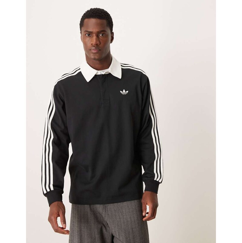 adidas Originals three stripe long sleeve polo in black