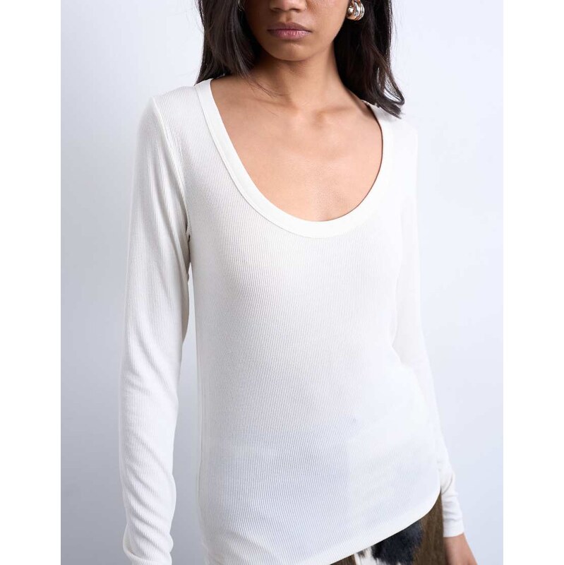 Topshop premium rib long sleeve wide scoop neck top in ecru