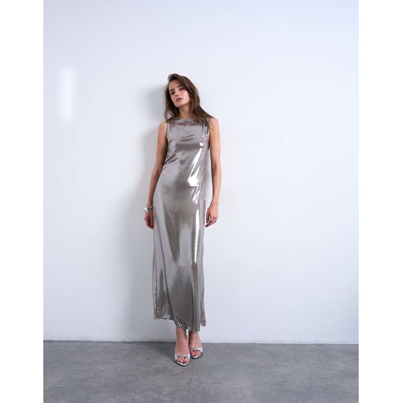 Topshop metallic midiaxi dress with silver hardware in silver