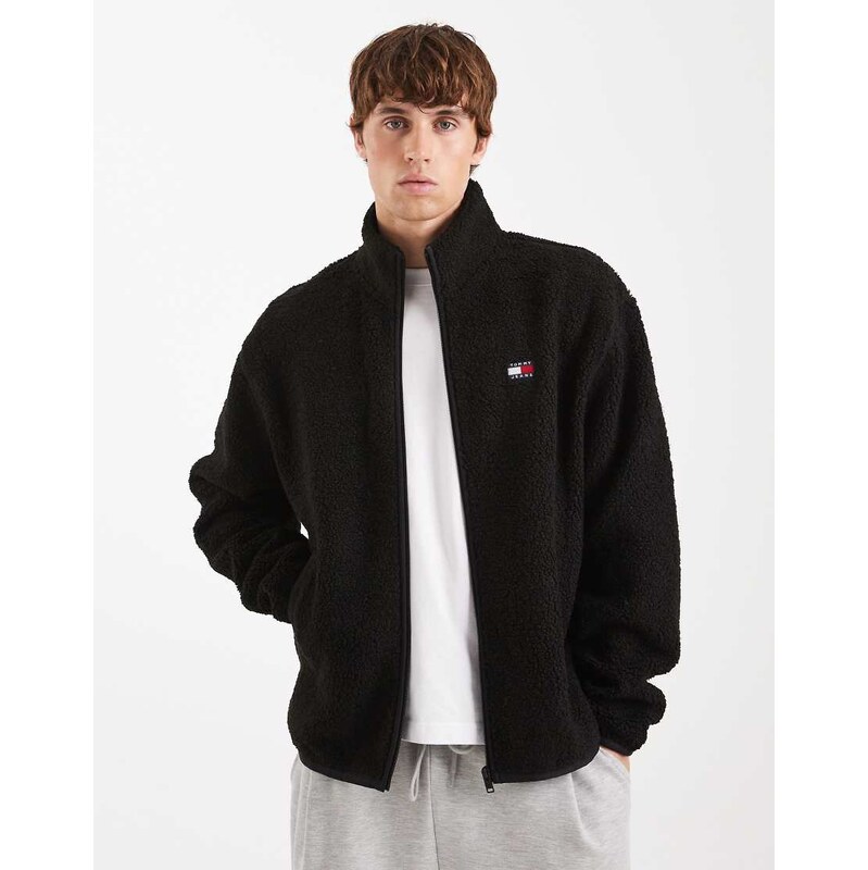 Tommy Jeans chest logo zip through teddy jacket in black