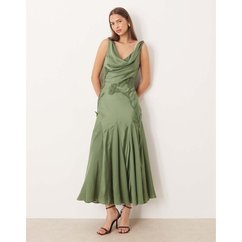 ASOS DESIGN satin cowl neck godet maxi dress with 3D organza