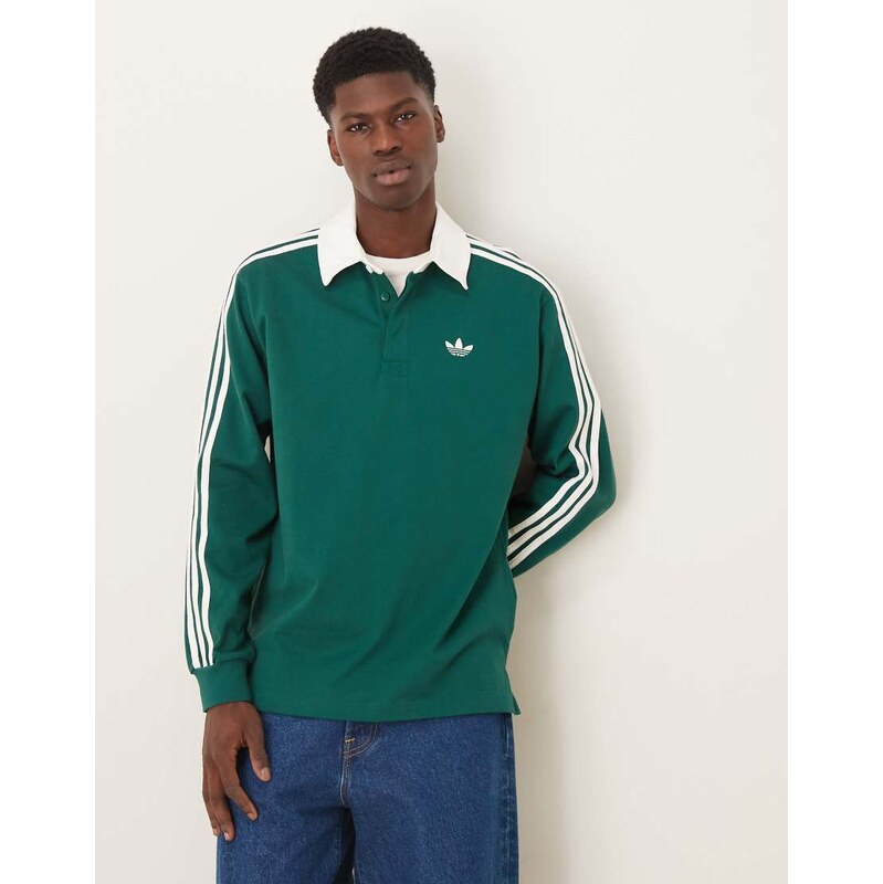 adidas Originals three stripe long sleeve polo in green