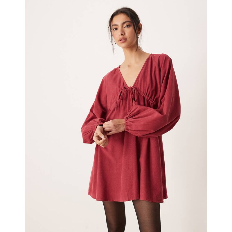 ASOS DESIGN cord v neck tie bust mini dress with volume sleeve