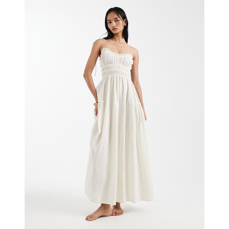 ASOS DESIGN Faith beach shirred maxi sundress in cream-Neutral