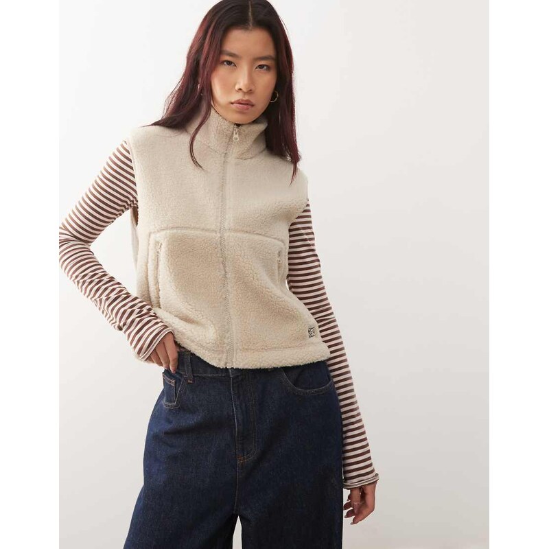 Noisy May teddy fleece vest in beige-White