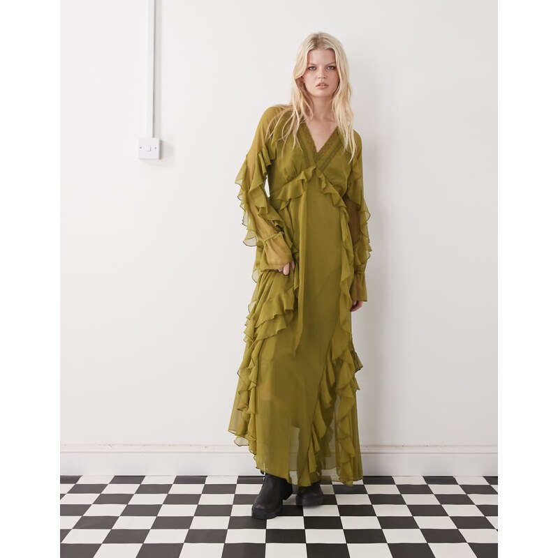 Reclaimed Vintage maxi ruffle tea dress in green chiffon-Red