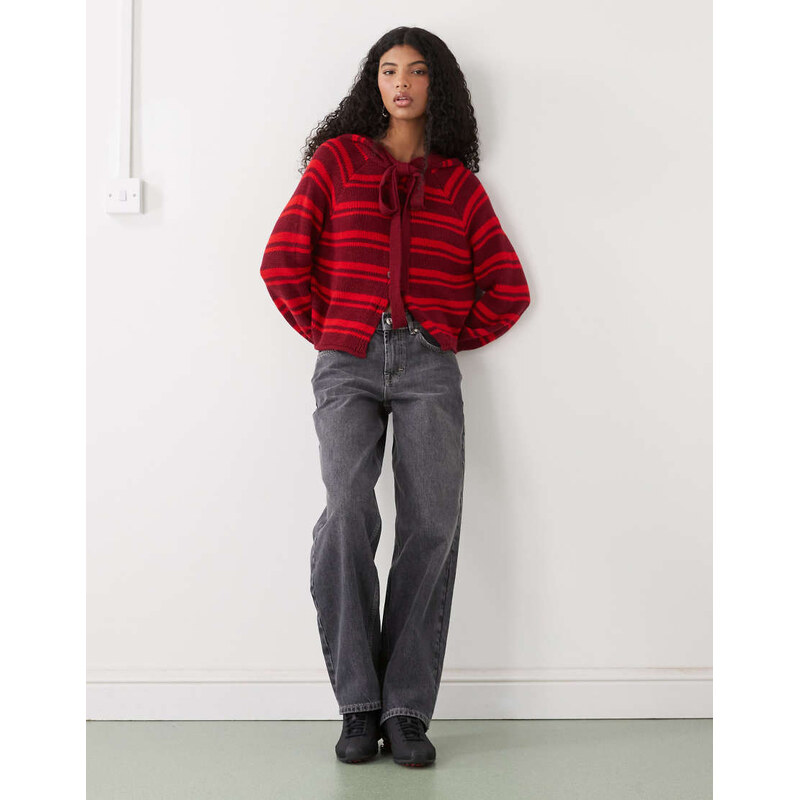 COLLUSION cardigan with hood scarf detail in red stripe 112882887