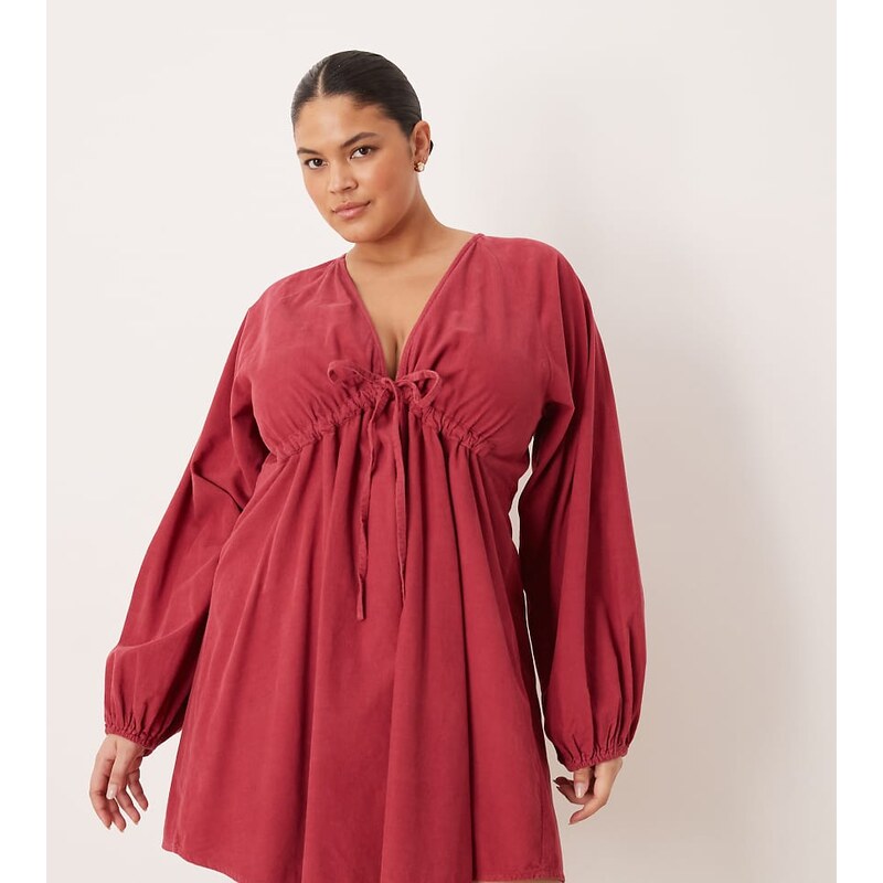 ASOS Curve ASOS DESIGN Curve cord v neck tie bust mini dress with 115514959