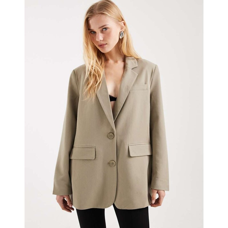 Pieces tailored oversized boxy blazer in pale khaki green 115517515
