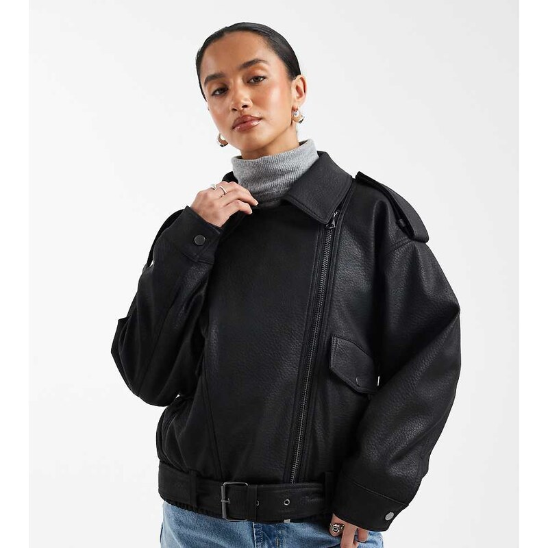 ASOS Petite ASOS DESIGN Petite oversized leather look biker jacket in 112818596
