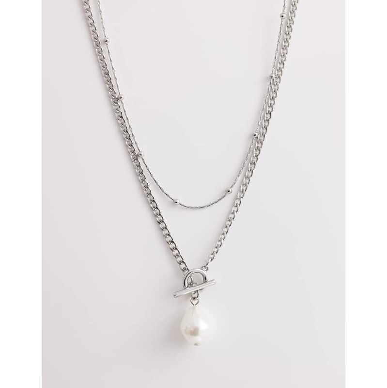 ASOS DESIGN two pack of necklaces with t-bar and faux freshwater pearl 112808968