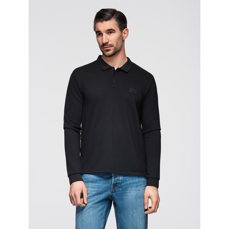 Ombre Structured mens polo longsleeve with patch - black