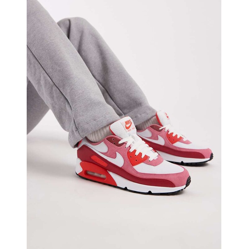 Nike Air Max 90 trainers in white, pink and burgundy