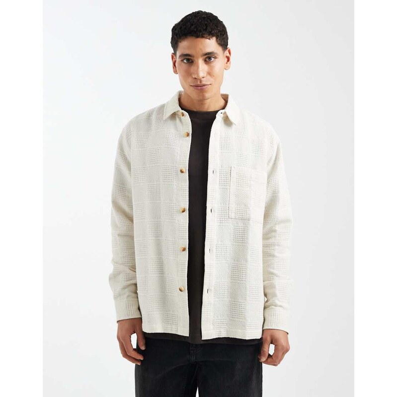 ASOS DESIGN relaxed grid textured shirt in beige-Neutral