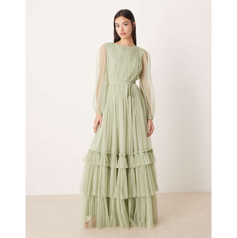 Lace & Beads Bridesmaid crew neck sheer sleeve tiered maxi dress