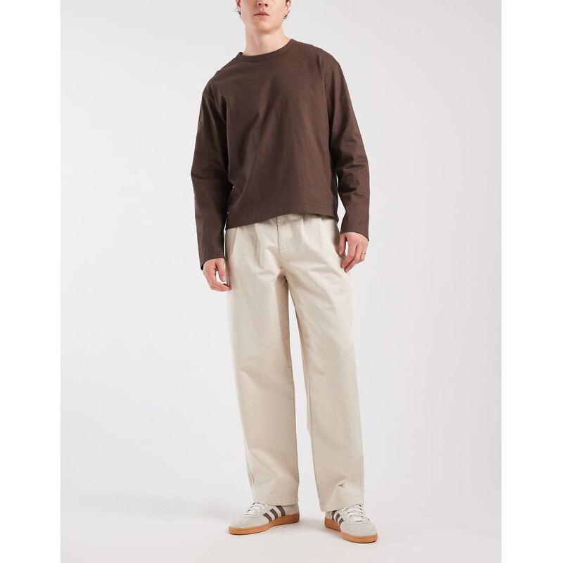 ASOS DESIGN loose straight trousers in stone with pleats-Neutral