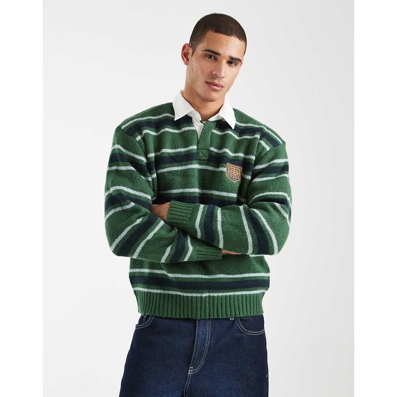 Cotton On long sleeve boxy fit rugby polo in club green stripe
