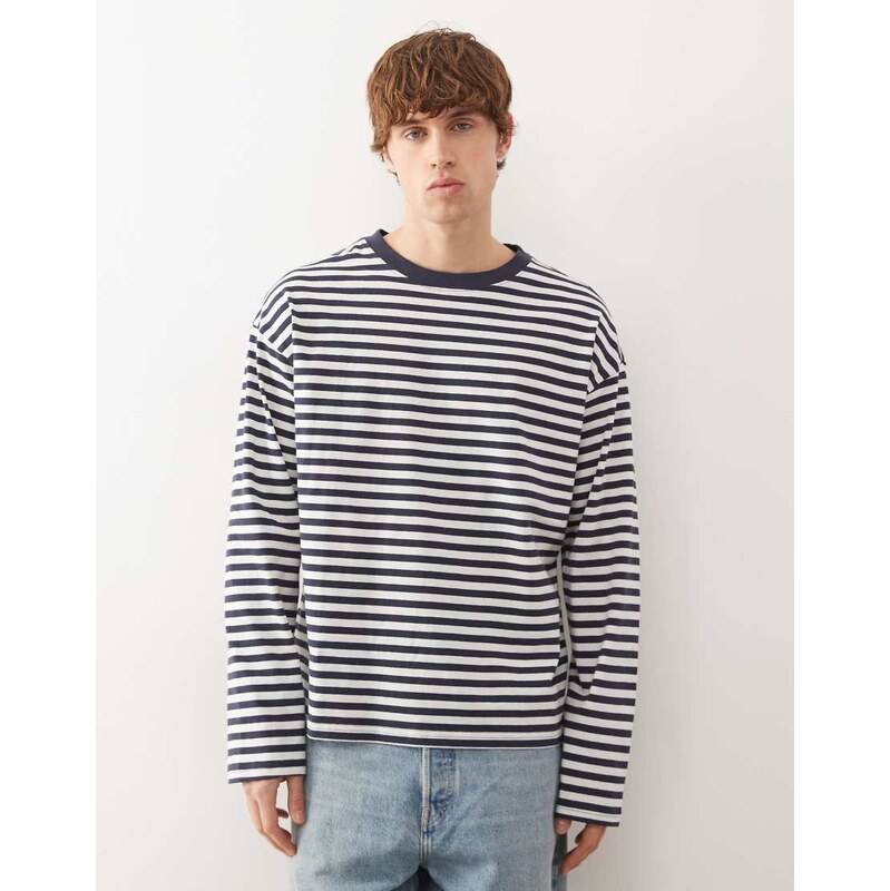 Weekday loose boxy long sleeve top in navy & off white stripe