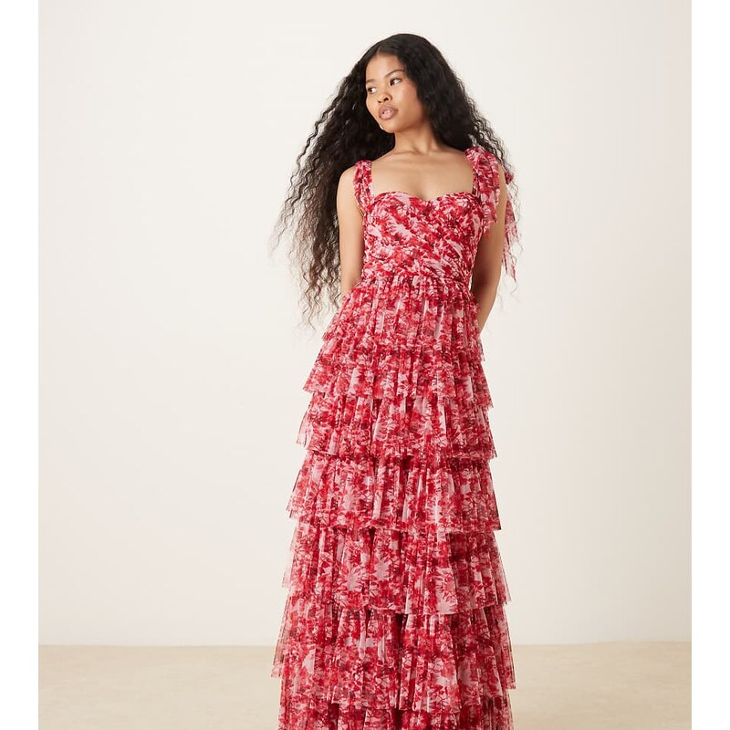 Lace & Beads Petite bow shoulder tulle maxi dress in red and
