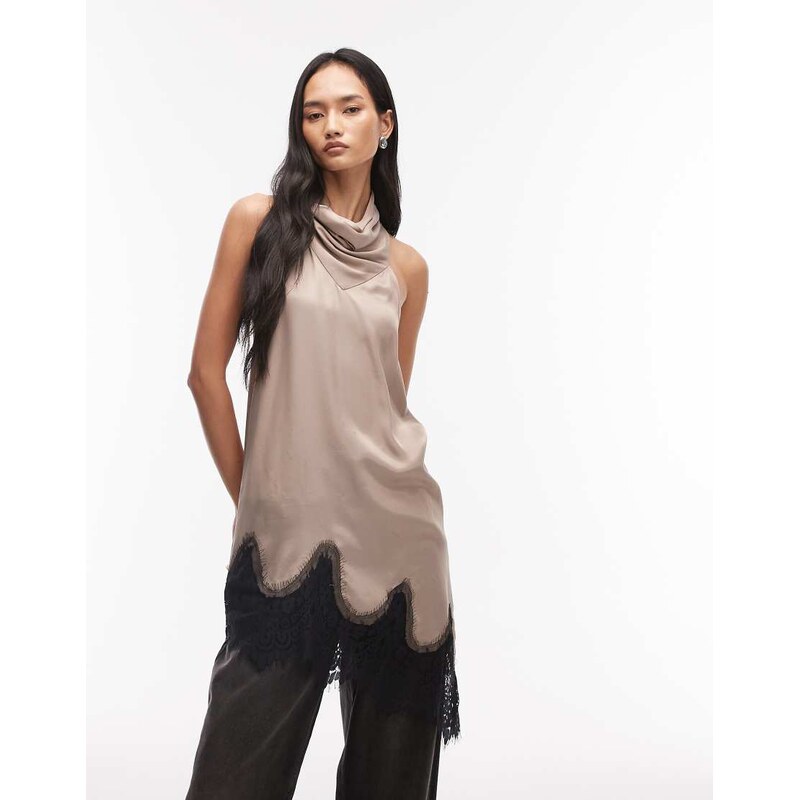 ASOS DESIGN satin asym cowl longline cami top in ecru-White