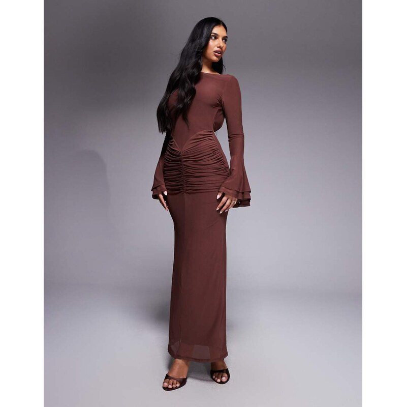 ASOS DESIGN mesh flute sleeve maxi with plunge back detail dress