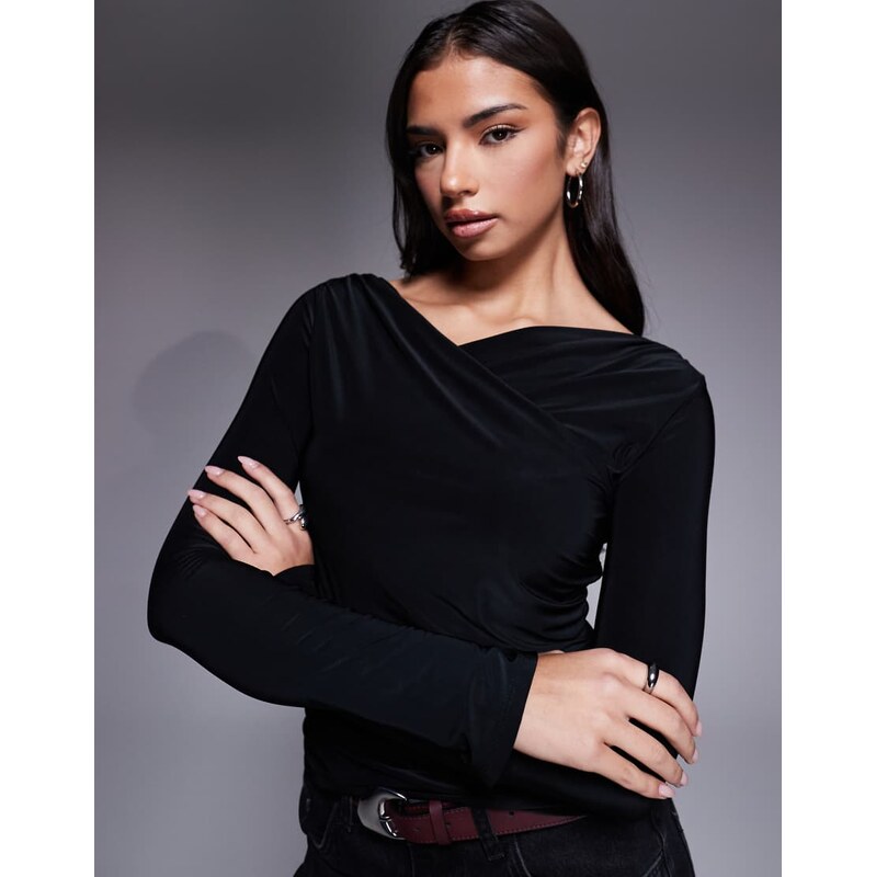 ASOS DESIGN slinky long sleeve off shoulder top in black