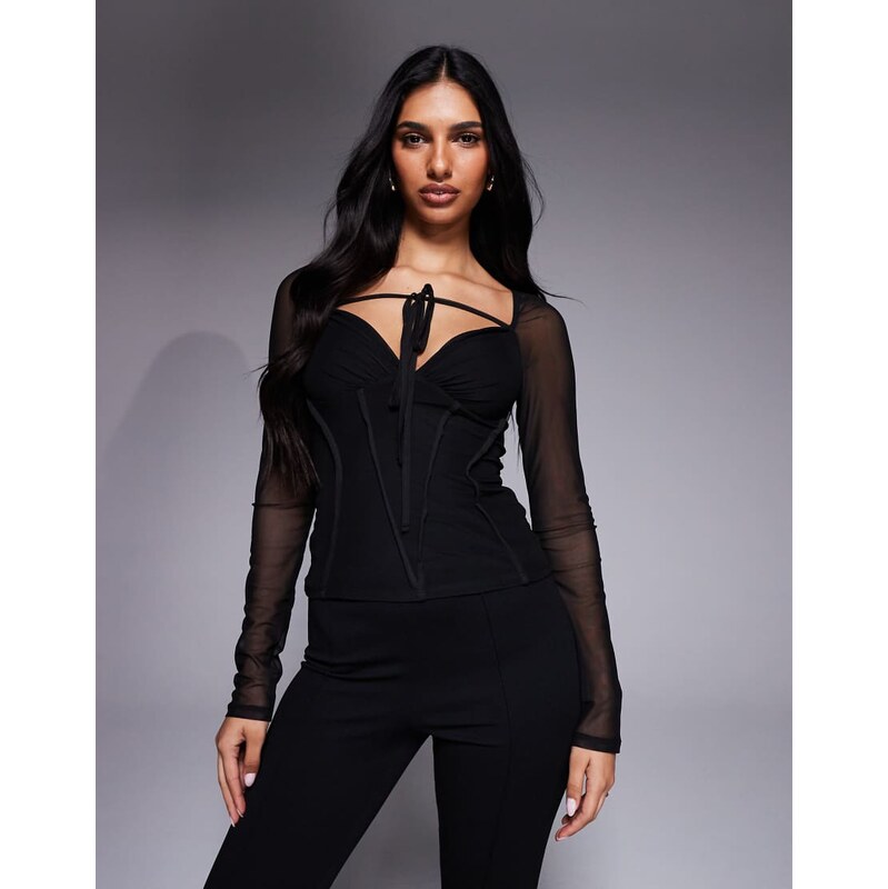 ASOS DESIGN exposed seam mesh long sleeve top black