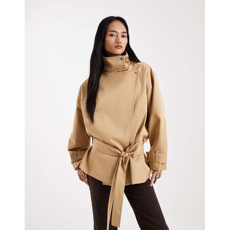 ASOS DESIGN funnel neck drop waist jacket-Neutral