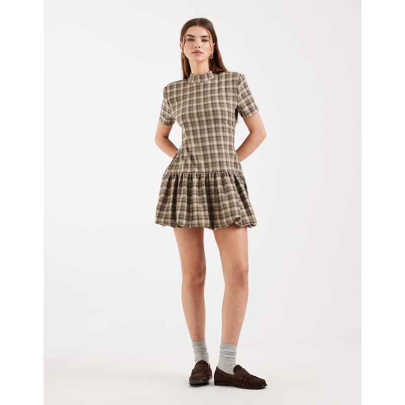ASOS DESIGN structured bubble hem mini dress in brown check
