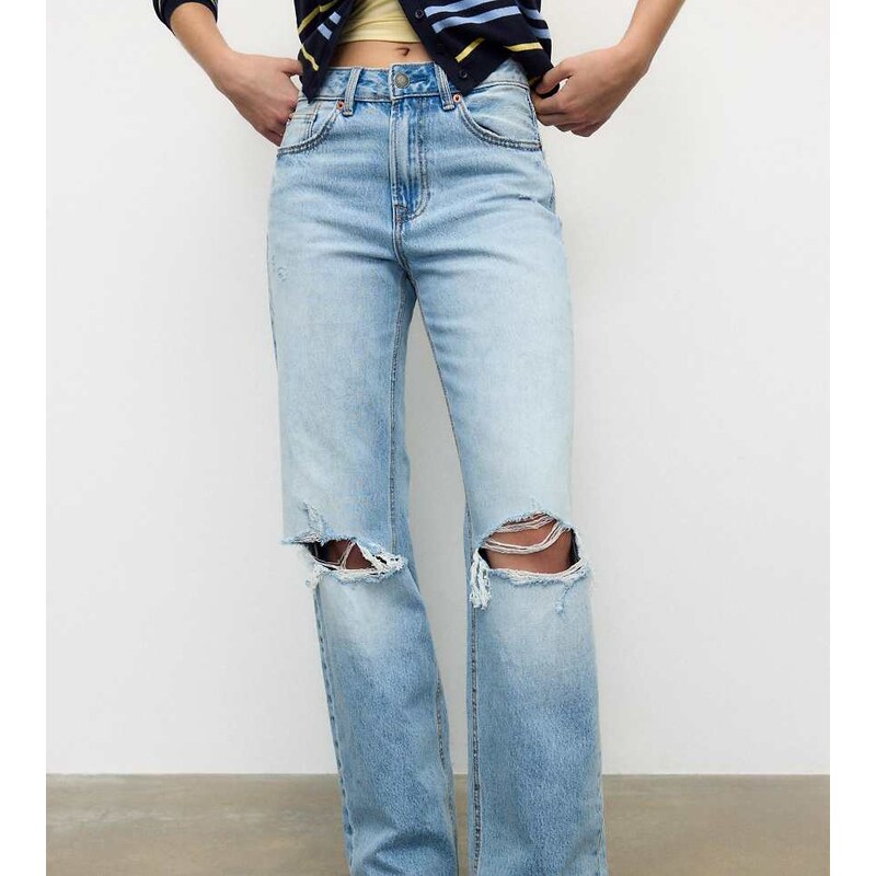Stradivarius D92 tall straight wide-leg jeans in medium blue denim 112815724