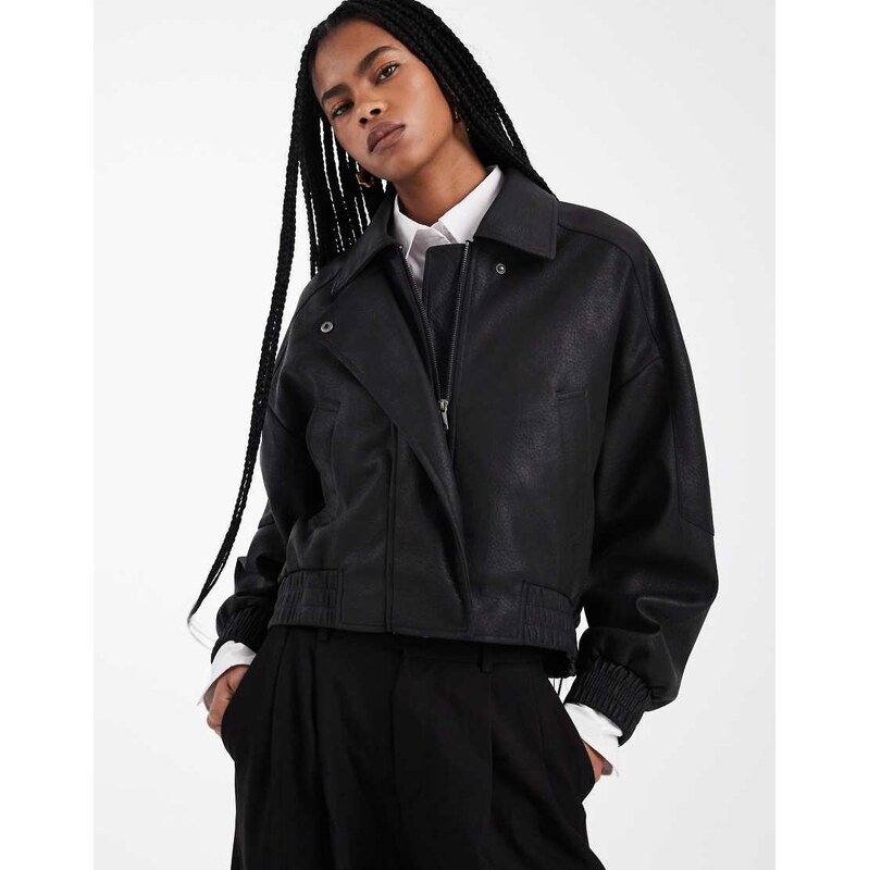 ASOS DESIGN leather look biker bomber jacket in black 115515597