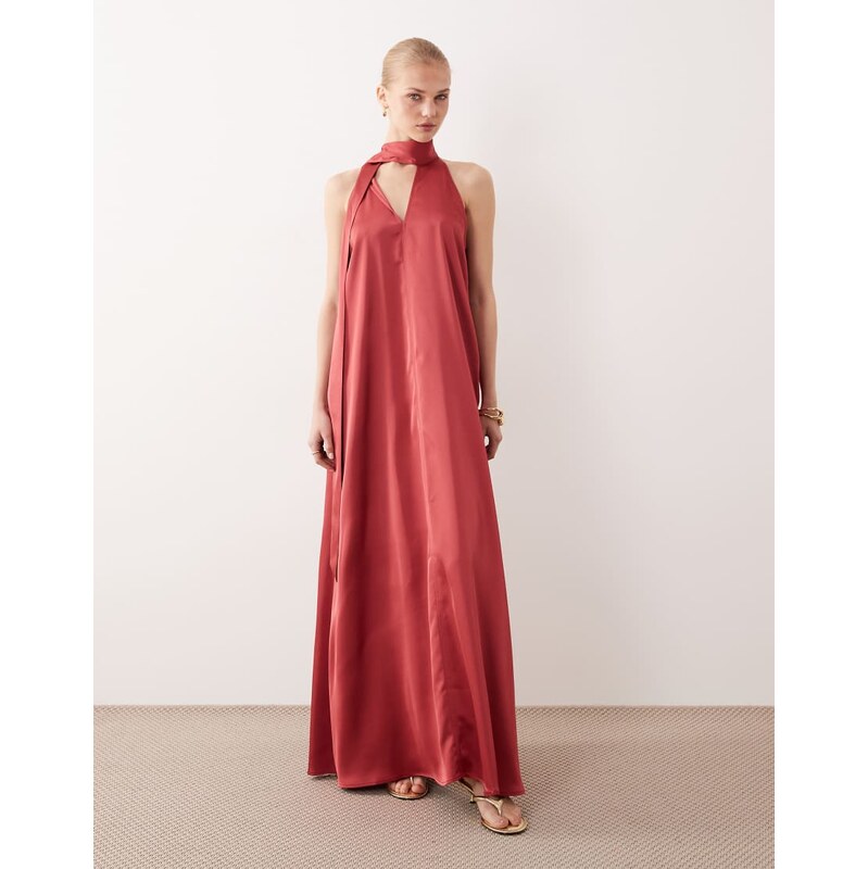 Vila scarf neck satin maxi dress in holly berry red